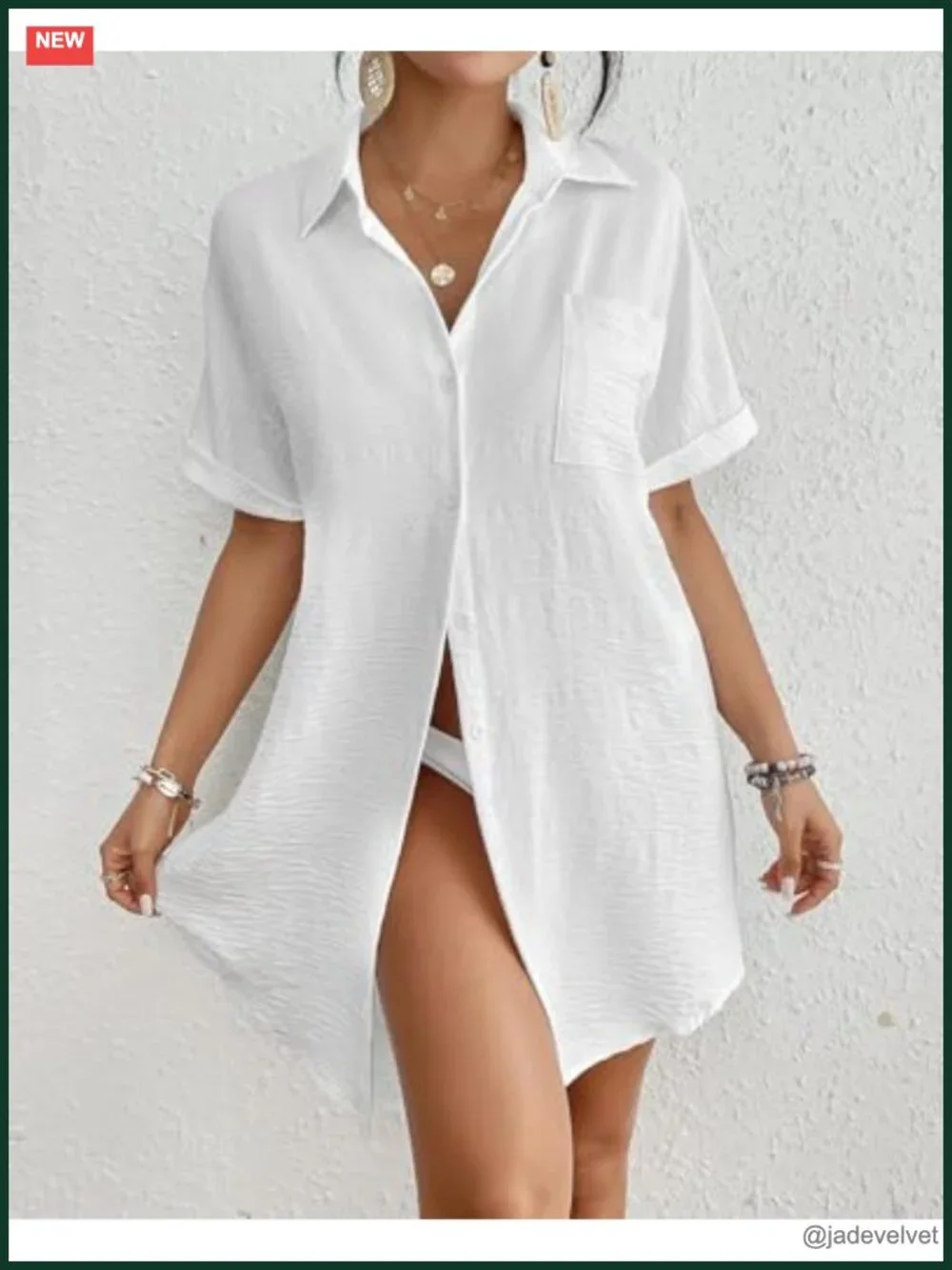 Button Down Swim Coverup Shirt Dress Beach Vacation Bathing Suit Cover Up